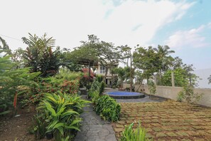 A garden with a stone pathway leading to a pool area, surrounded by various plants and a house.