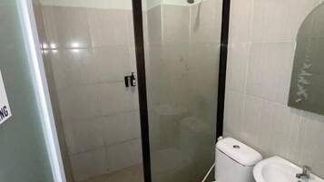 A bathroom with a glass-enclosed shower, a toilet, and a sink.