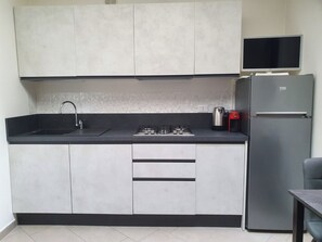 Cozinha moderna com fogão a gás embutido, pia, geladeira e micro-ondas.