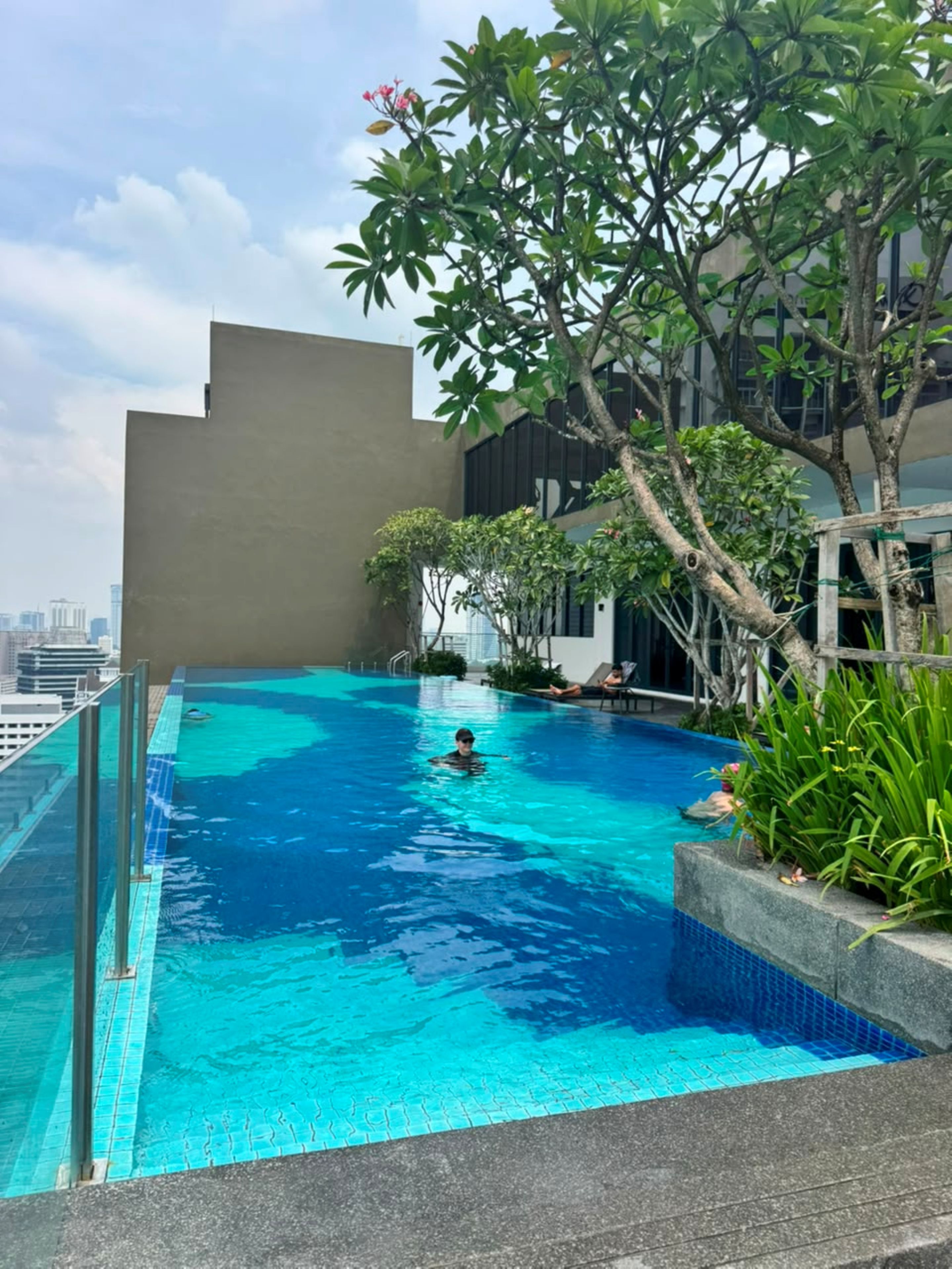 Una piscina infinita en la azotea con agua azul cristalina, rodeada de vegetación y un edificio moderno.