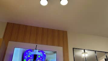 A room with a ceiling light fixture, a flat-screen TV mounted on a wooden panel, and a mirror with a black frame.