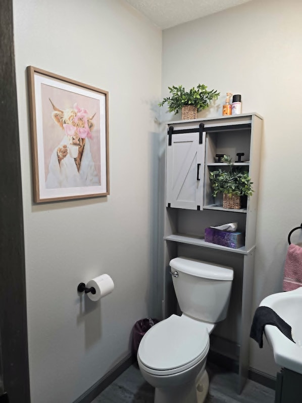 A bathroom with a toilet, a roll of toilet paper, a shelf with plants, and a framed picture on the wall.