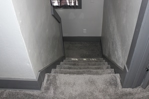 A carpeted staircase with a handrail, leading to a landing with a power outlet.