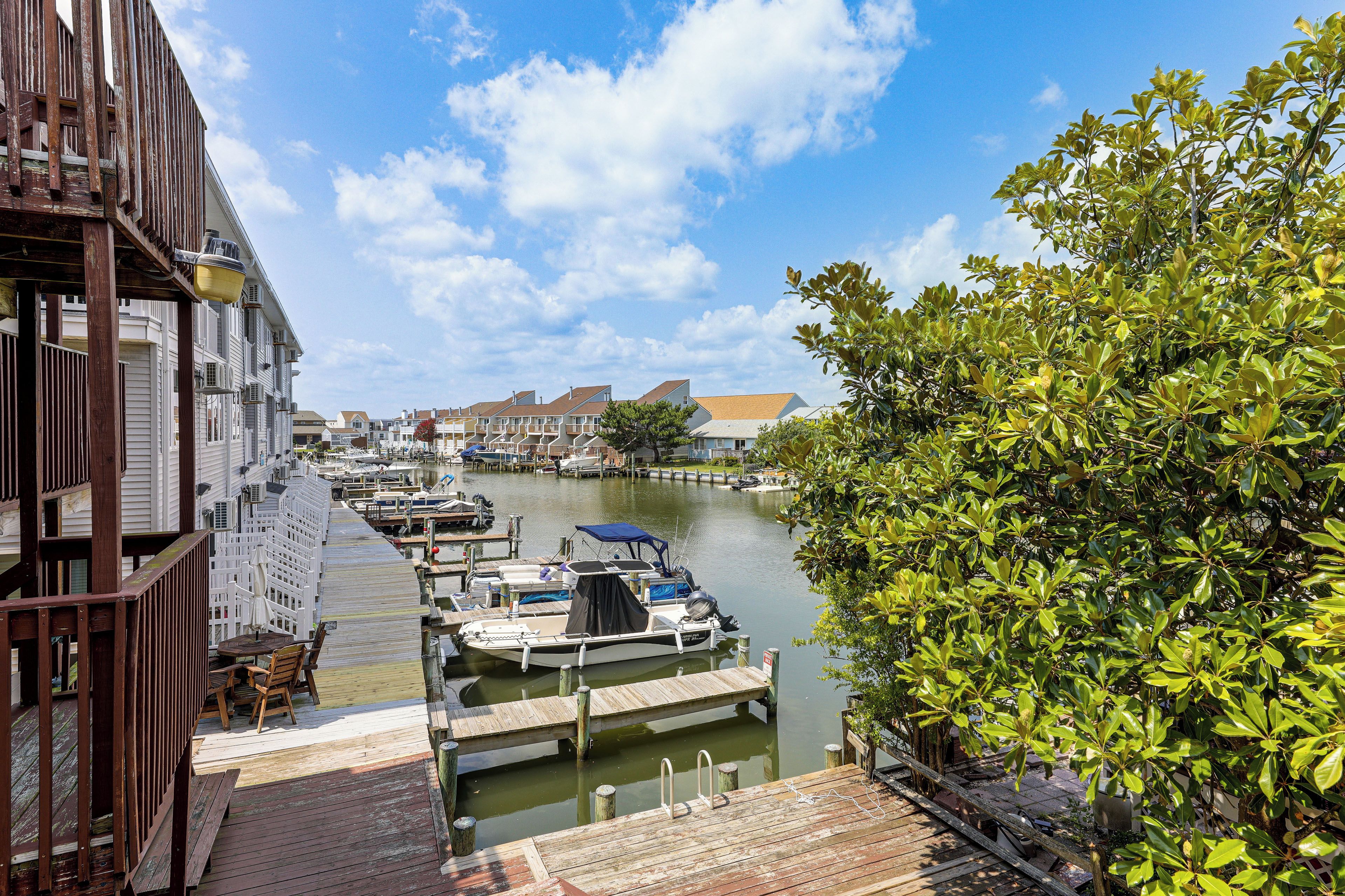 A marina with docked boats, wooden walkways, and buildings in the background.