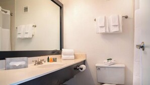 Ein modernes Badezimmer mit Waschbecken, Spiegel und Toilette.