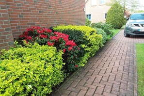 Ein Pflasterweg, begrenzt von ordentlich geschnittenen Hecken und Sträuchern, führt zu einem Gebäude mit einem sichtbaren Fenster.