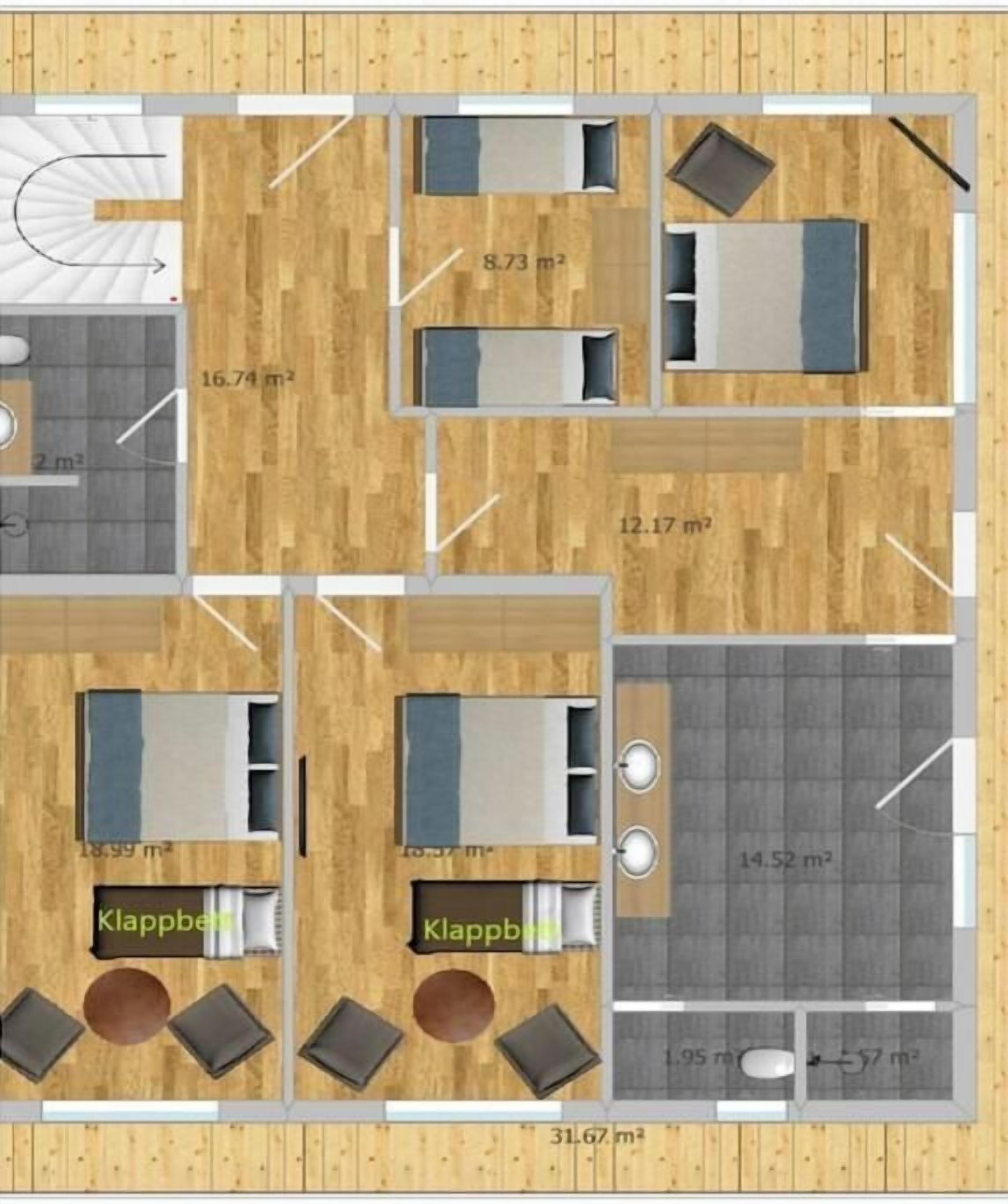 Un plan d’étage d’hôtel comprenant plusieurs chambres, ainsi qu’une salle de sport, un espace repas et une piscine.