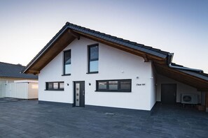 A modern two-story house with a sloped roof, a garage, and a paved driveway. - Holiday home in Löbnitz with swimming pool (Löbnitz)
