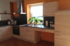 A modern kitchen with wooden cabinets, a built-in oven, a window with plants, and a window sill. - Holiday apartment with 2 bedrooms (Hörnitz)