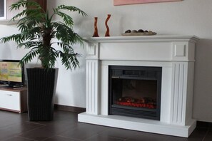 A room with a white fireplace, a potted plant, and a flat-screen TV on a stand. - Holiday home Stein in the Spreewald Lübbenau (Lübbenau)