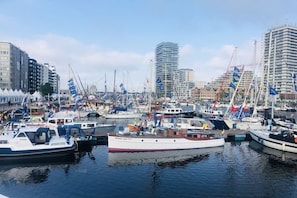 En lysthavn med flere både i havnen, omgivet af bygninger.