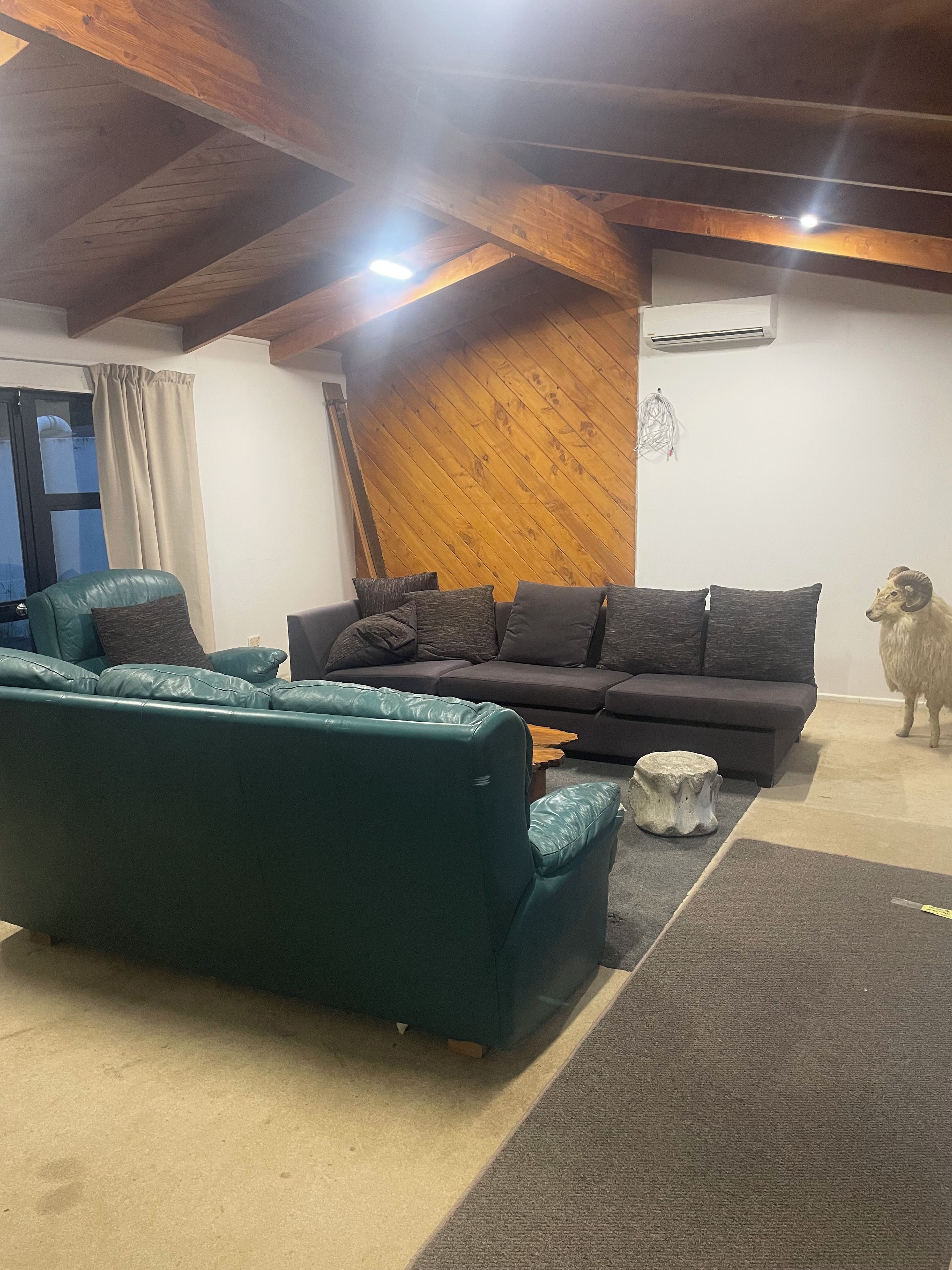 A living room with a green sofa, a dark sofa, and a wooden ceiling.