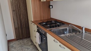 Cocina compacta con estufa a gas, pileta de acero inoxidable y encimera de madera.