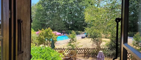 A view from a room with a window overlooking a backyard with a pool, a wooden fence, and various plants.
