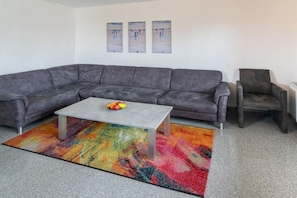 A gray sectional sofa with a coffee table in front, a gray armchair, and a colorful rug. - Holiday home with 1 bedroom (Neuharlingersiel)