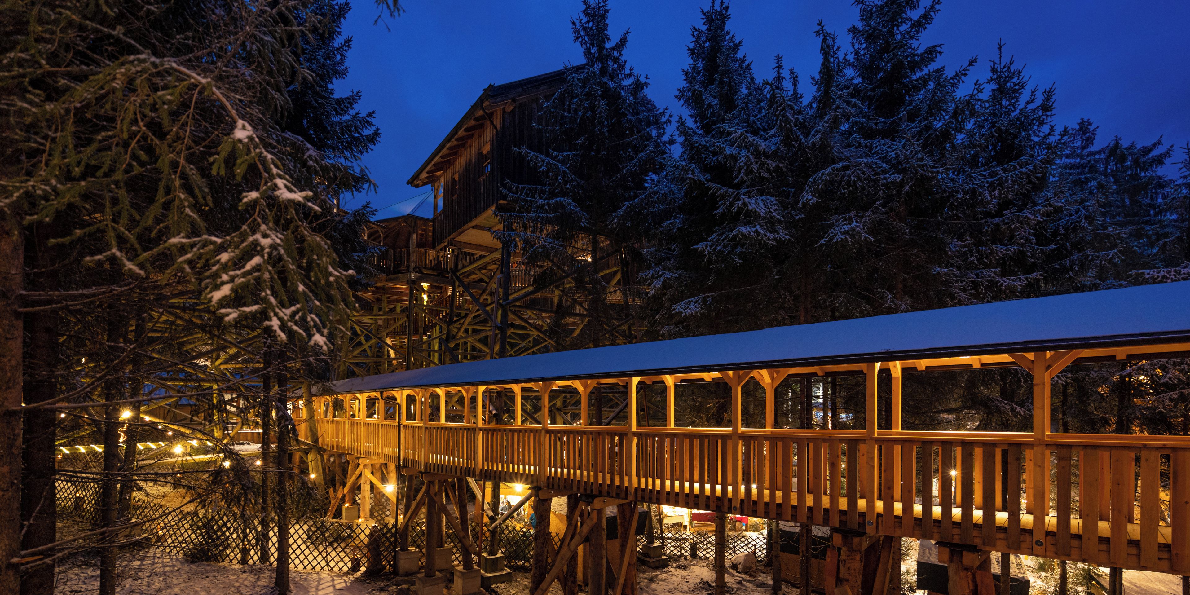 A wooden deck with a glass enclosure, surrounded by snow-covered trees and a building structure in the background.