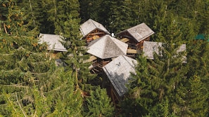 Um conjunto de cabanas com diversos telhados, cercado por floresta densa.