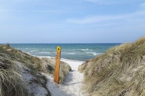 En sandig stig som leder till havet, med en träskylt längs vägen.