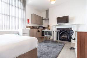 Une chambre d’hôtel moderne équipée d’un lit, d’une petite kitchenette, d’une cheminée et d’un téléviseur.