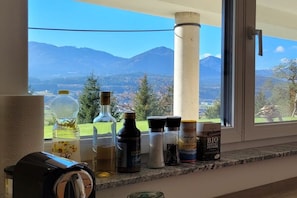 Eine Küchenarbeitsplatte mit verschiedenen Gewürzen und ein Fenster mit Blick auf eine Berglandschaft.