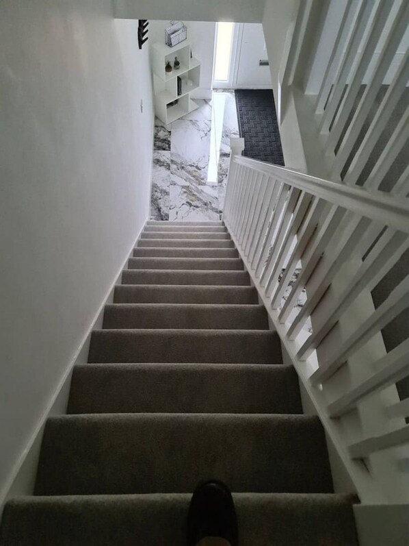 A carpeted staircase with white railings leading to a landing.