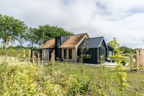 Ein modernes Haus mit Strohdach, schwarzen Außenwänden und einem Garten mit verschiedenen Pflanzen.