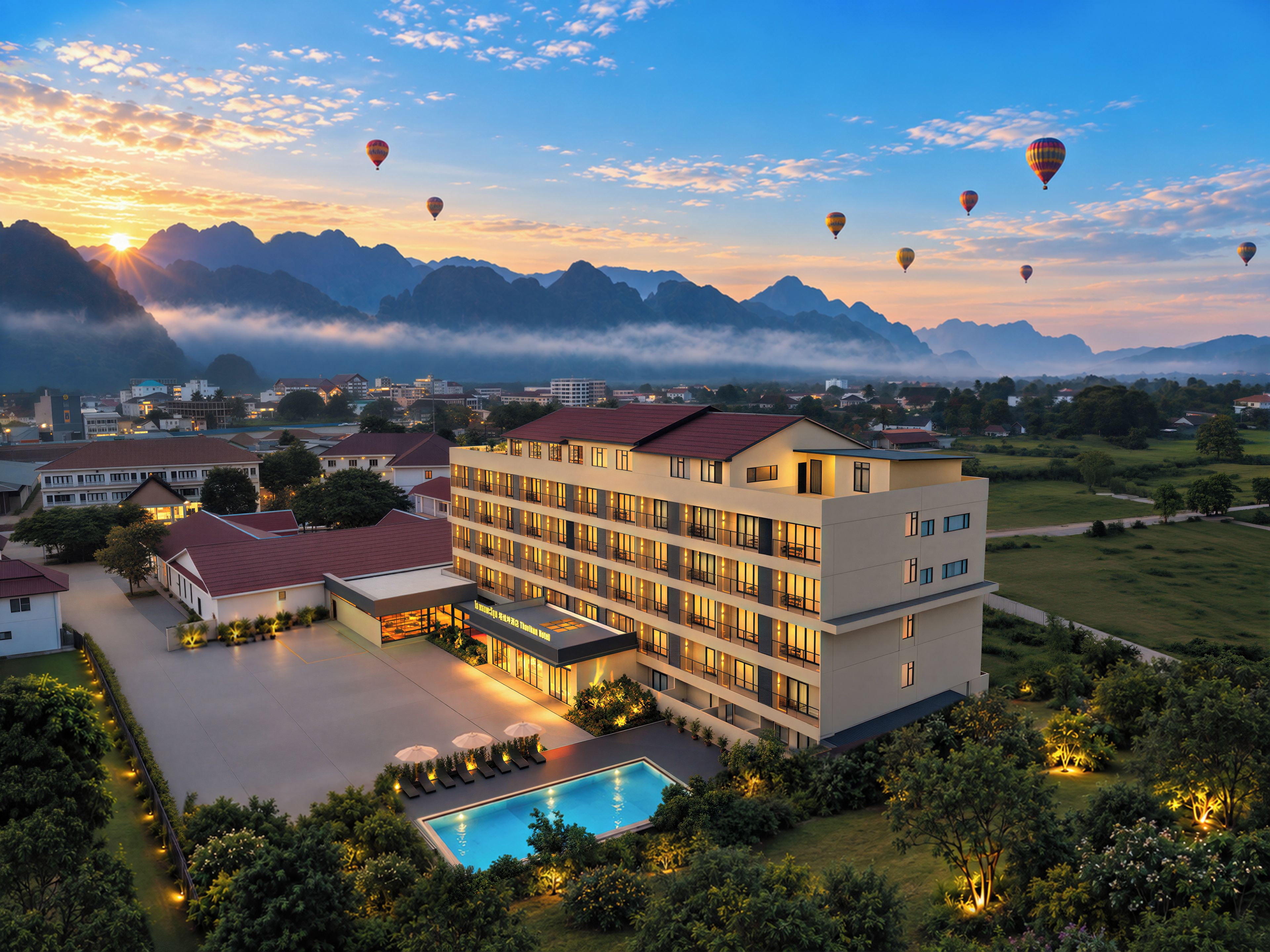 A hotel with multiple floors, a swimming pool, and a view of mountains and hot air balloons in the distance.