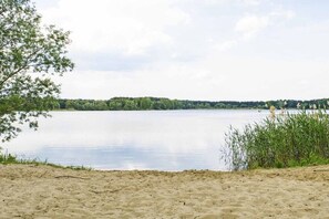 Ein ruhiger See mit sandigem Ufer und einer Baumlinie im Hintergrund.
