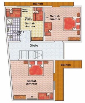 A hotel floor plan with a balcony, ensuite bathroom, TV, and two ensuite bedrooms. - Holiday home in Neustift with barbecue (Neustift)