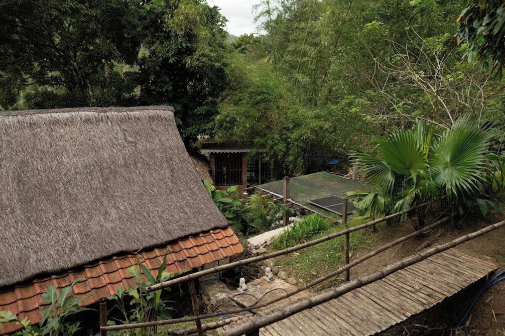 A thatched-roof structure with a wooden deck, surrounded by dense greenery and trees.