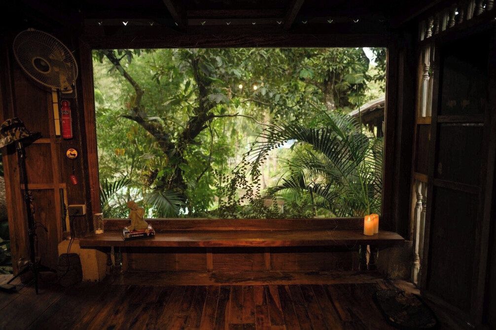 Ein Zimmer mit großem Fenster und Blick auf einen dichten Wald, einer Holzbank, einem Ventilator und einem kleinen Tisch mit einer Kerze.