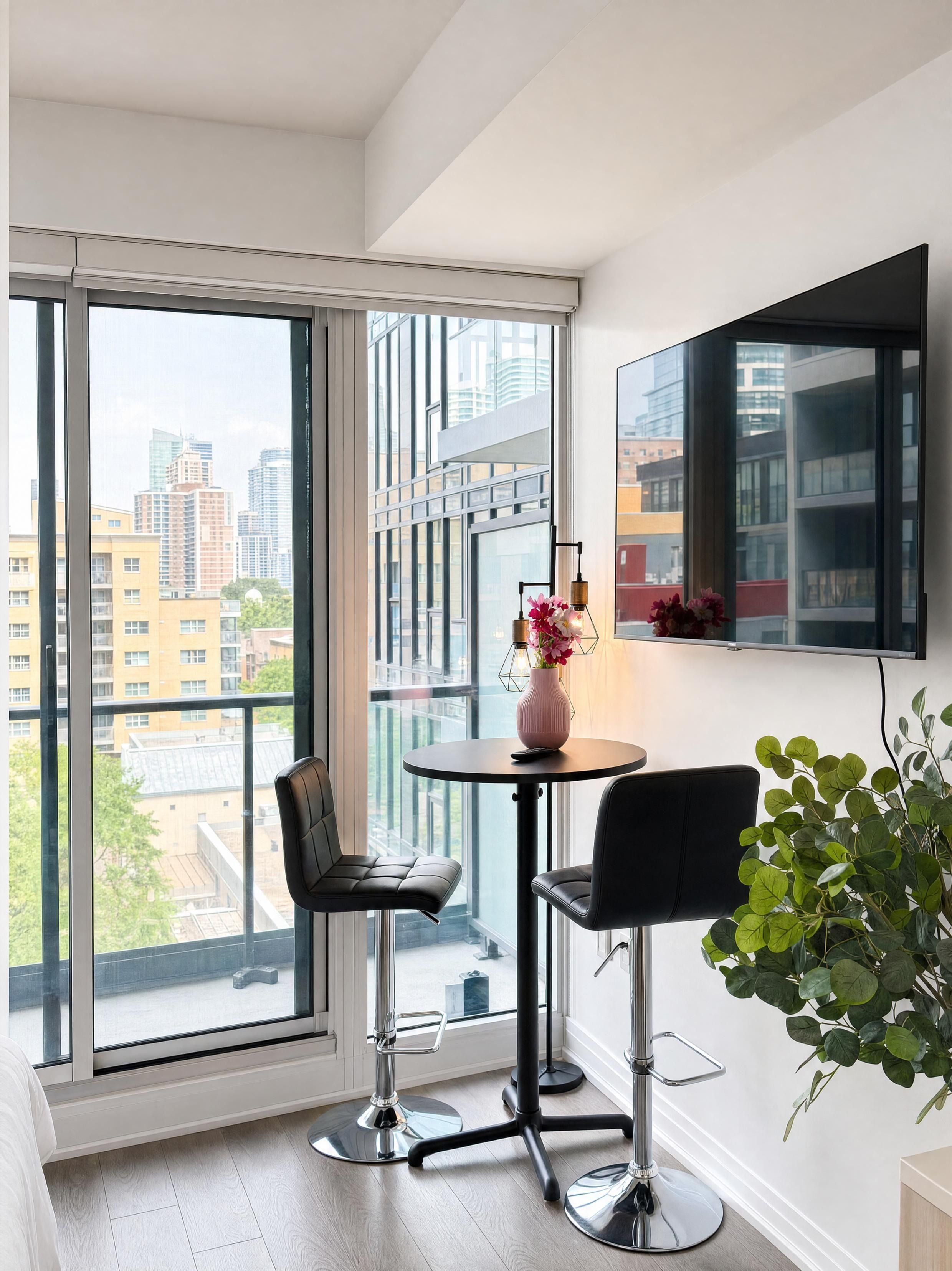 A modern room with a large window, a round table with chairs, a flat-screen TV mounted on the wall, and a potted plant.
