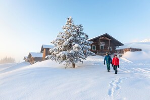 A wooden lodge with a snow-covered tree in front, a clear sky, and a snow-covered landscape. - Modern suite with outdoor sauna (Gaschurn)