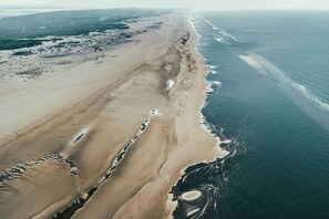 An aerial view of a beach with a long stretch of sand and a narrow strip of water. - Sunny yellow with a view of the North Sea (Norderney)