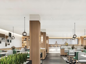 A modern restaurant with a central bar area, multiple dining tables, and pendant lighting. - GYA Ningbo Xiangshan Shipu Hotel (Ningbo)