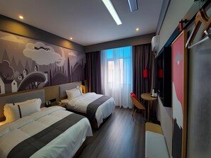 A hotel room with two beds, a desk, and a large window with curtains. - Thank (Changsha)