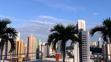 Piscina no terraço com vista para a cidade, cercada por palmeiras.