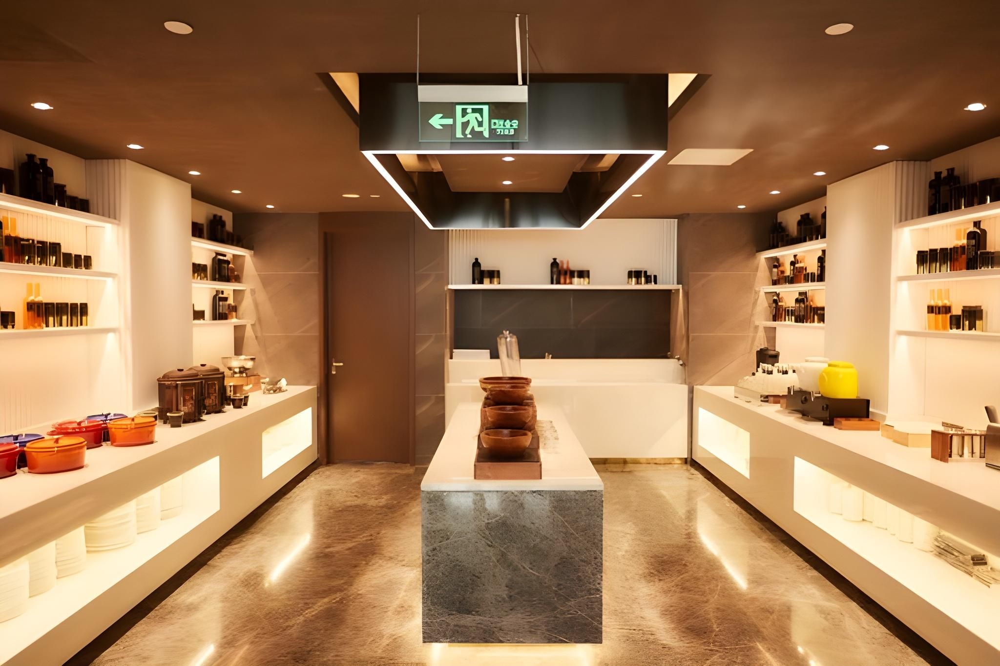 A modern interior with a central island, shelves on both sides, and a ceiling sign indicating an exit.
