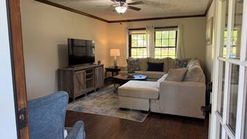 A living room with a television, sofa, and a ceiling fan.