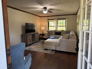 A living room with a television, sofa, and a ceiling fan.