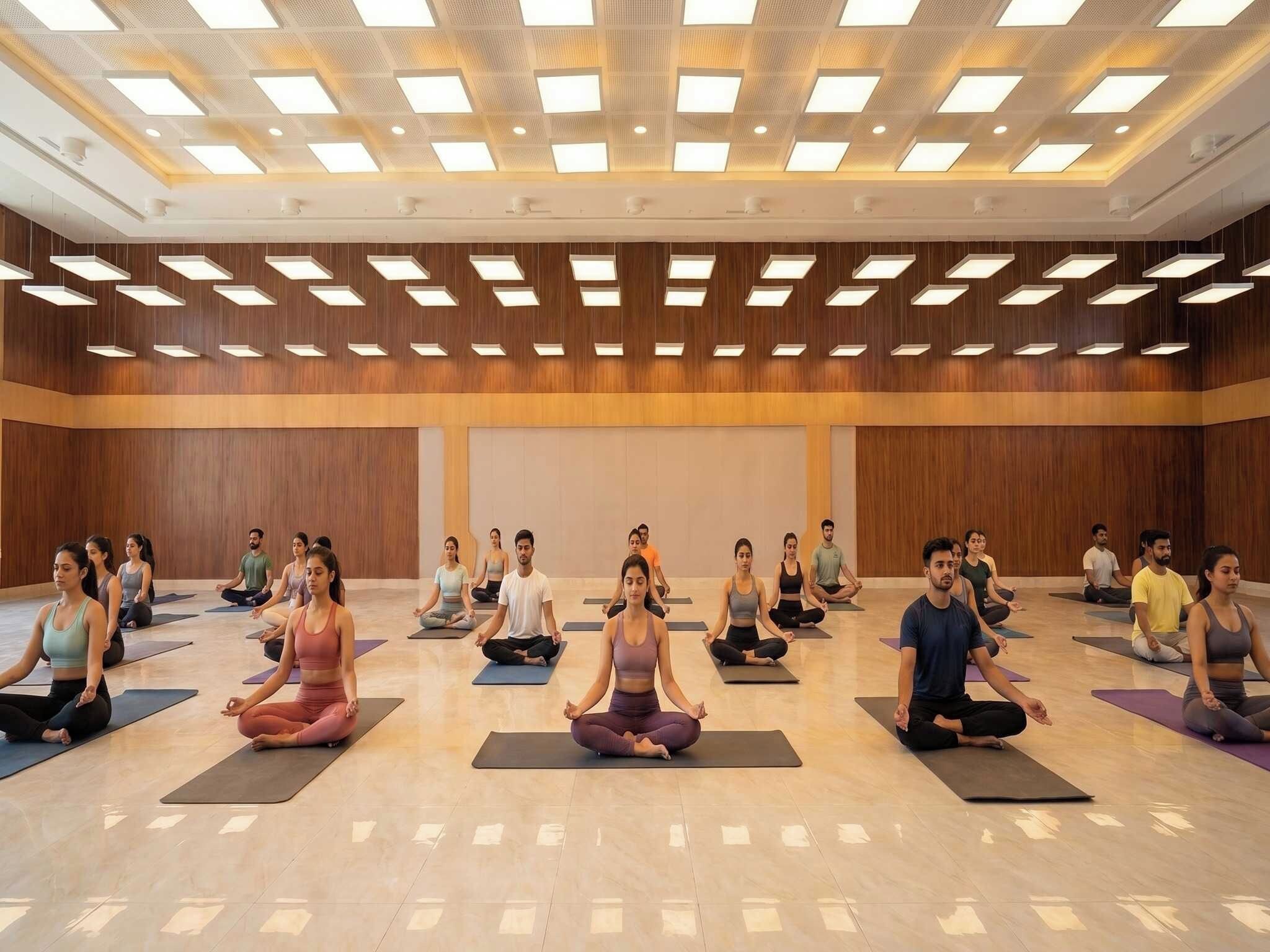 A spacious room with a high ceiling, multiple ceiling lights, and a wooden wall.