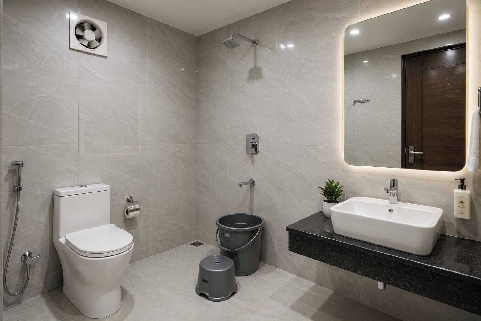 Un baño moderno con inodoro, bidé, ducha y lavamanos.