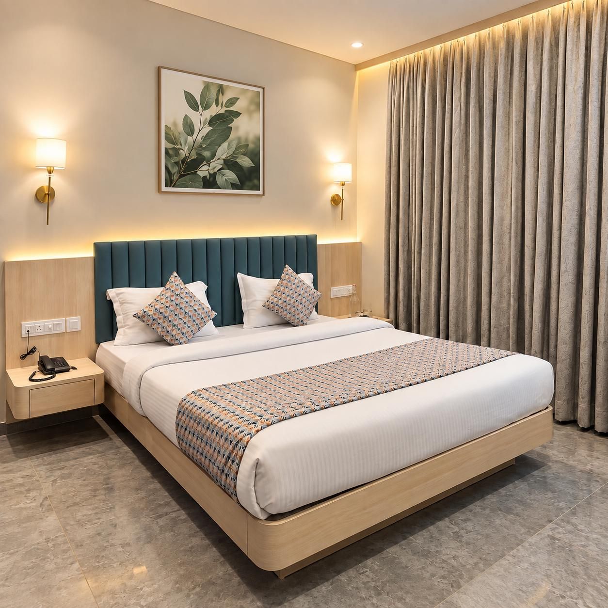 A hotel room with a large bed, two bedside lamps, a wall-mounted artwork, and a curtain.