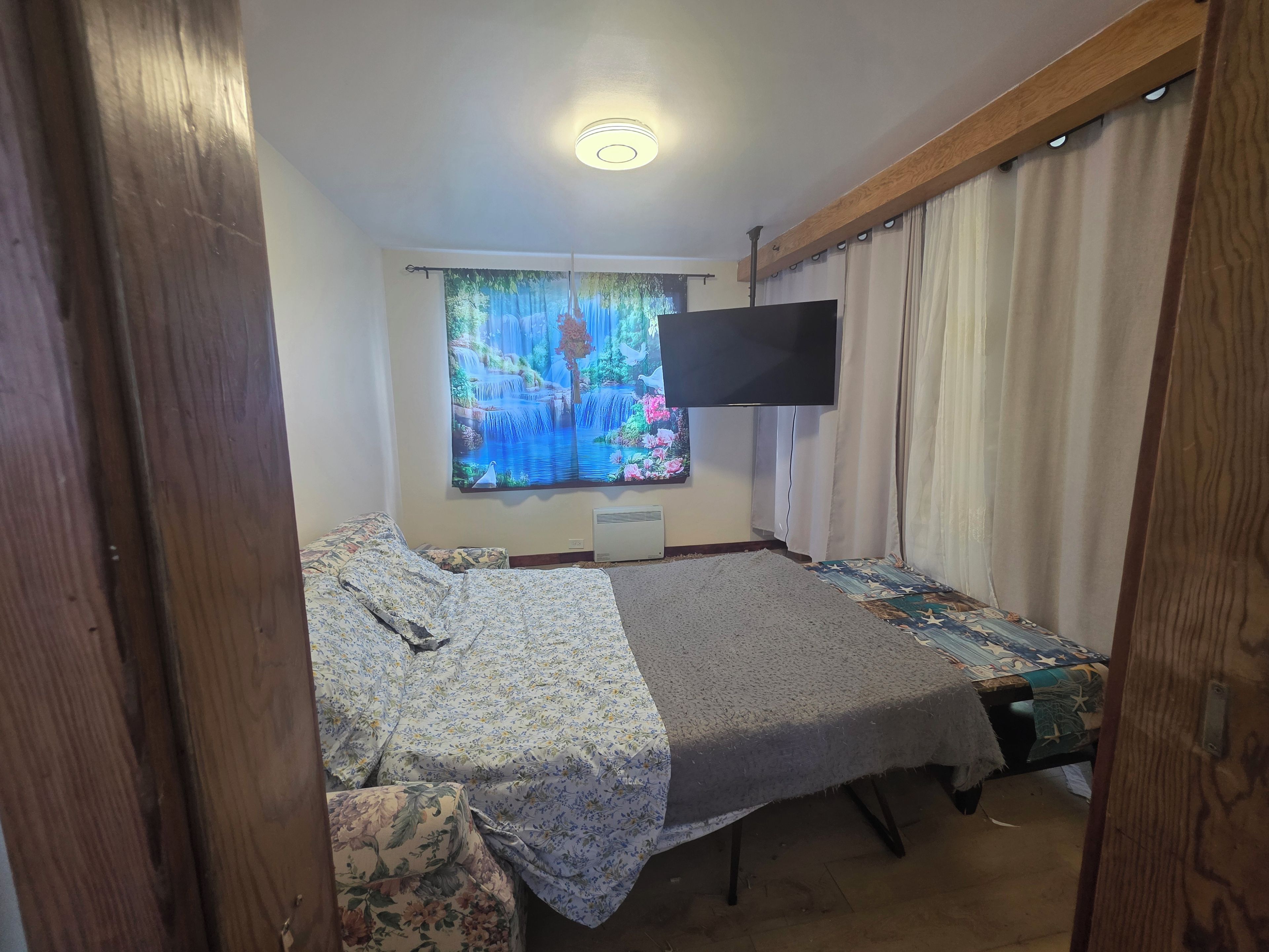 A bedroom with a bed, a flat-screen TV mounted on the wall, a window with a nature scene, and a ceiling light.