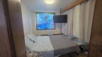 A bedroom with a bed, a flat-screen TV mounted on the wall, a window with a nature scene, and a ceiling light.
