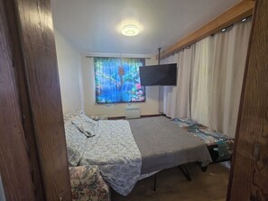 A bedroom with a bed, a flat-screen TV mounted on the wall, a window with a nature scene, and a ceiling light.