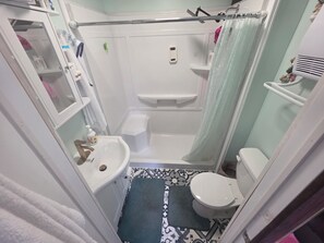 A bathroom with a shower, toilet, sink, and a glass-enclosed cabinet. - Cozy Updated Campbellton Studio. Sleeps 4 + Free Parking + Laundry Available. (Campbellton)