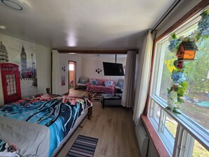 Una habitación con cama, sofá, televisor y ventana con vistas a zonas verdes.