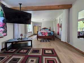 Un dormitorio con cama, televisor, escritorio y armario.