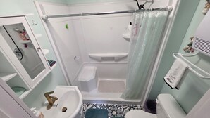 Casa de banho com chuveiro, sanita, lavatório e espelho.